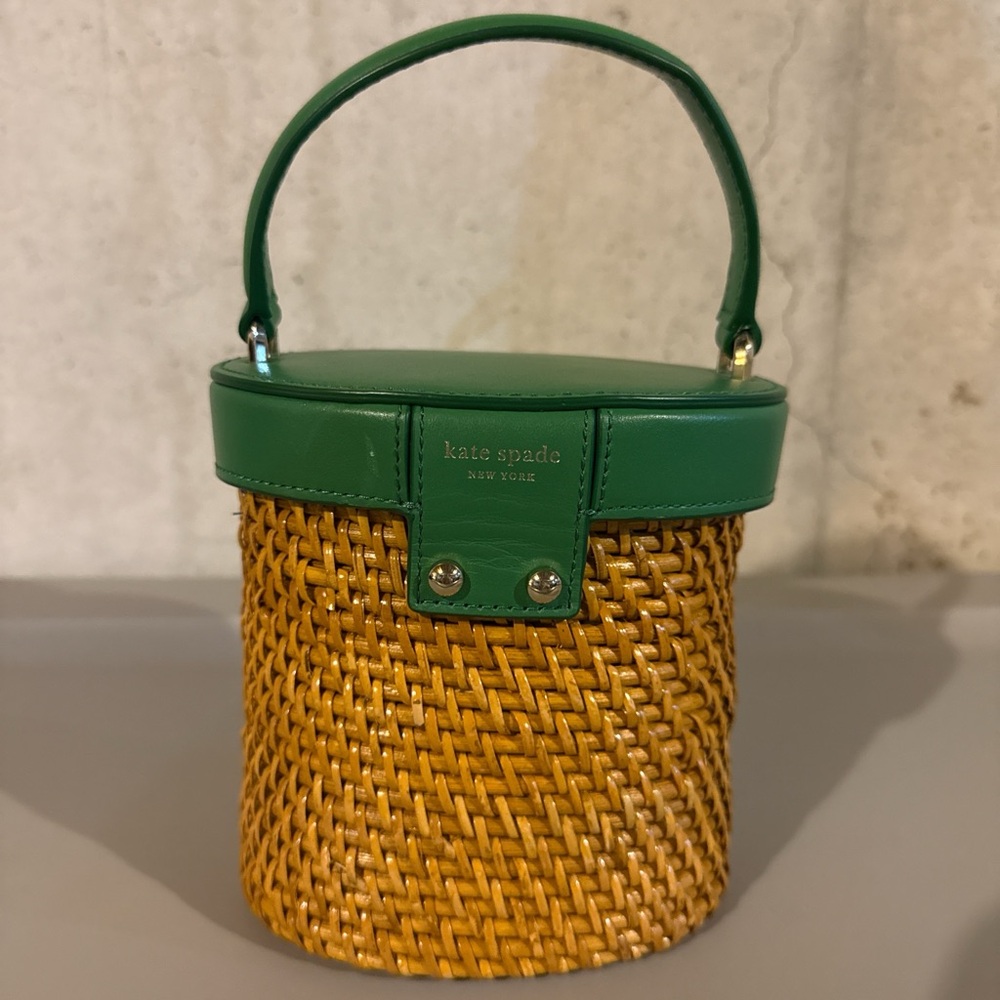 Kate Spade Green & Tan Woven Mini Top-Handle Bucket Bag - Picture 3 of 5